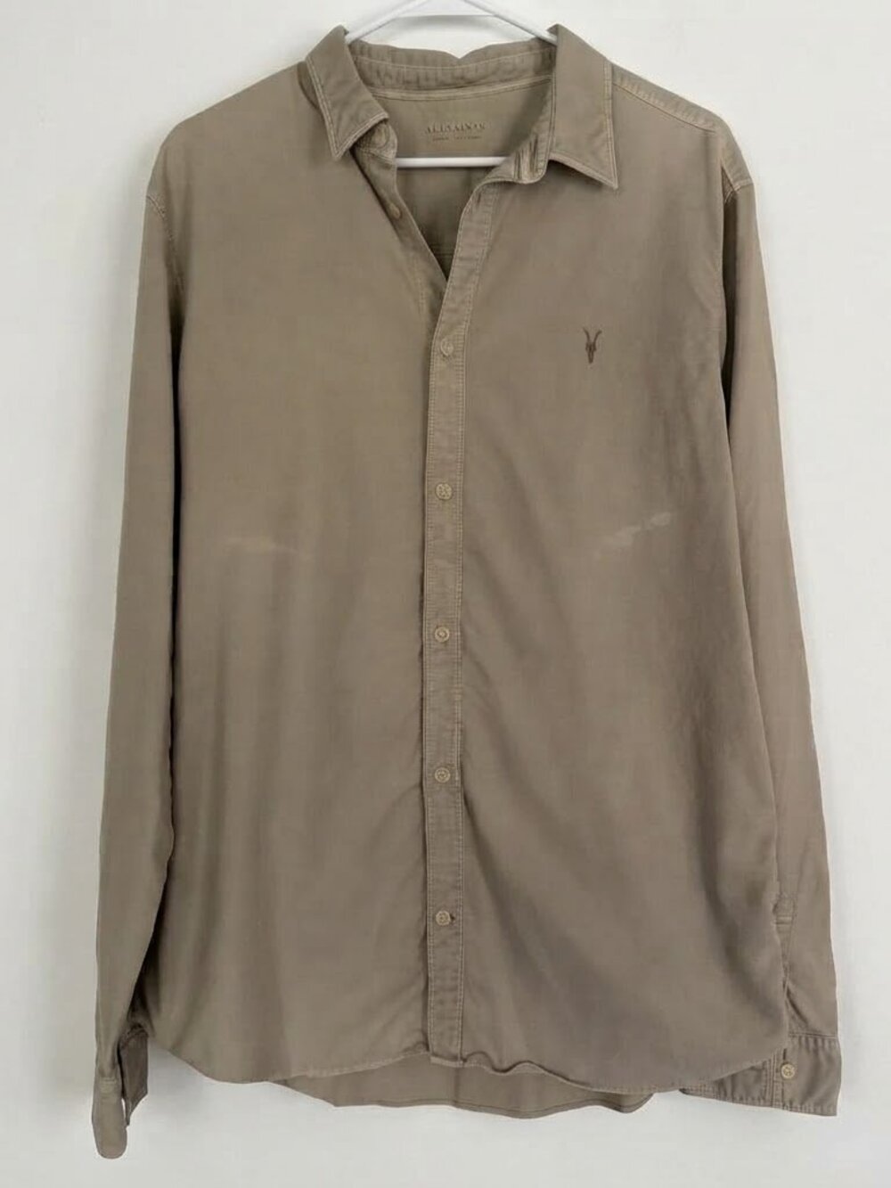 AllSaints Men's Taupe Long-Sleeve Button-Down Shirt – Size XL (Made in Vietnam)